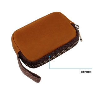 Detail of vintage brown crazy horse leather pouch with zip pocket and wrist strap