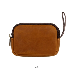 Detailed back view of vintage brown leather coin pouch with zipper and wrist strap
