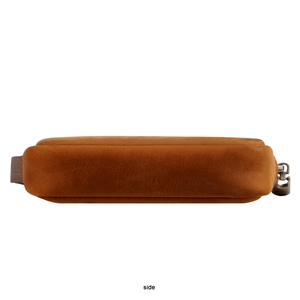 Side view of vintage brown crazy horse leather pouch with metal zipper and fabric strap