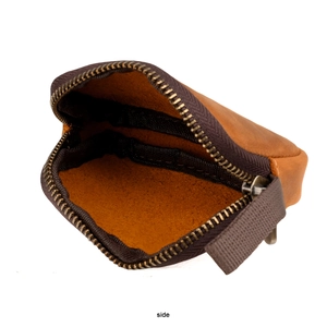 Detail view of vintage crazy horse leather wallet with bronze zipper and side structure