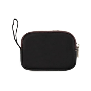 Detail of black matte storage pouch with brown zipper and woven wrist strap