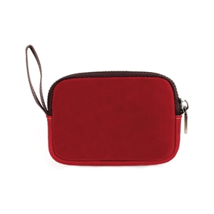 Macro detail of red crazy horse leather coin purse with metal zipper and wristlet strap
