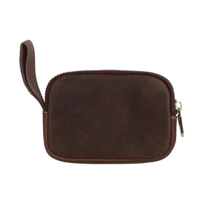 Detailed shot of vintage crazy horse leather pouch with metal zipper and wrist strap