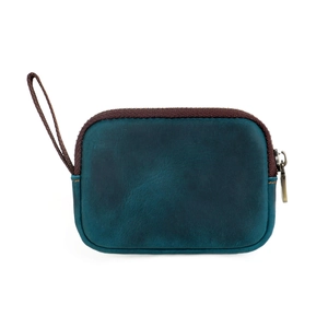 Detail of vintage blue-green crazy horse leather mini pouch with bronze zipper and strap
