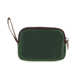Detailed view of dark green matte leather coin purse with vintage zipper and strap