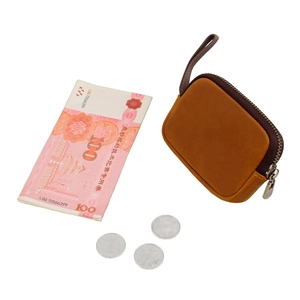 Vintage crazy horse leather coin purse with top zipper and portable wrist strap