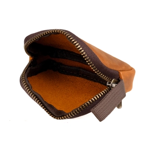 Vintage brown crazy horse leather coin pouch and earphone case with metal zipper closure