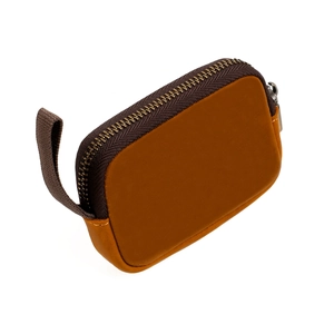 Vintage crazy horse leather coin purse with brown texture and wrist strap for keys