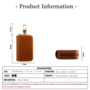 Detailed view of brown leather car key pouch dimensions with internal hooks and rings