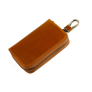 Vintage crazy horse leather car key case with zipper and bronze swivel hook in brown
