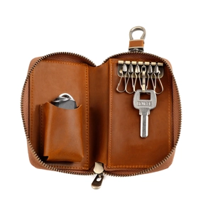Vintage brown leather car key case with multiple hooks and secure zipper closure