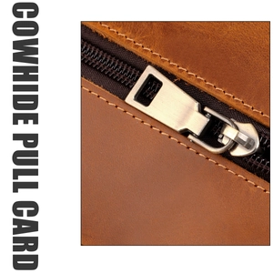 Close-up van retro bruine crazy horse lederen clutch met duurzame metalen rits en trekker
