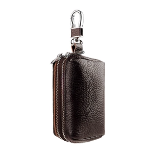 Detail of dual zipper car key case in dark brown lychee leather with metal hook