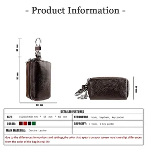 Detailed size chart for genuine leather dual zipper car key case with dimensions