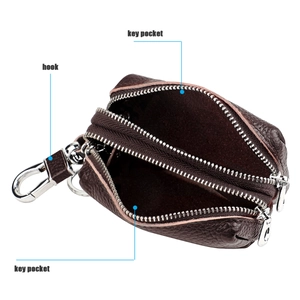 Detail view of dark brown pebbled leather car key bag with dual zipper and metal hook