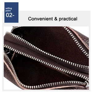 Macro shot of double zipper structure and dual compartments in genuine leather key pouch