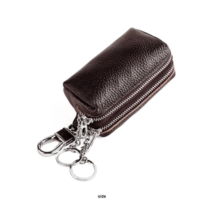 Side view of dual zipper genuine leather key case with brown lychee texture and key rings