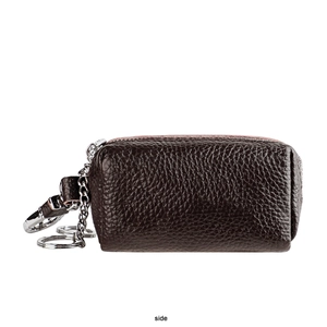 Side view of dark brown genuine leather car key pouch with dual rings and silver chain