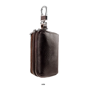 Side view of dark brown genuine leather car key case with dual zippers and silver hook