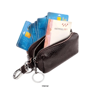 Internal view of double zipper leather car key pouch with card slots and metal hook