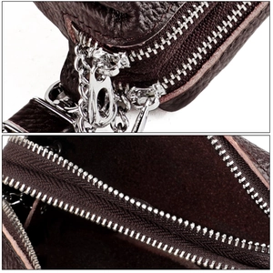 Detail of silver alloy dual zipper and premium lychee pattern leather on car key case