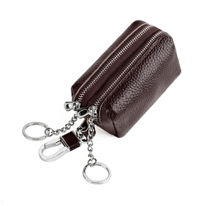 Deep brown genuine leather car key case with double zippers and silver metal keychain hook