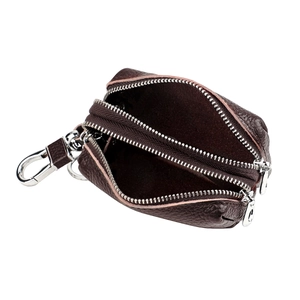 Brown litchi grain leather car key pouch with double zippers and metal keychain swivel hook
