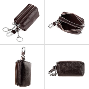 Brown genuine leather car key case with double zipper design and litchi grain texture