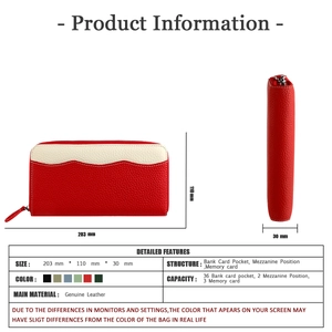 Detailed dimensions of red pebbled leather clutch wallet showing 203mm size with RFID design