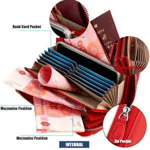Macro view of red leather wallet interior featuring multiple card slots and RFID protection