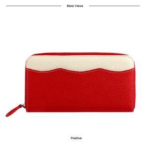 Close-up of a long leather wallet featuring red and beige leather with lychee texture