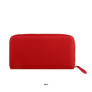 Detail of red litchi grain leather wallet with white stitching and zipper back view