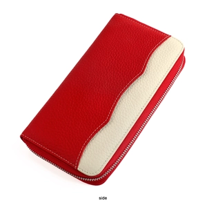 Detailed side view of a red and cream lychee grain leather zip wallet with contrast stitching
