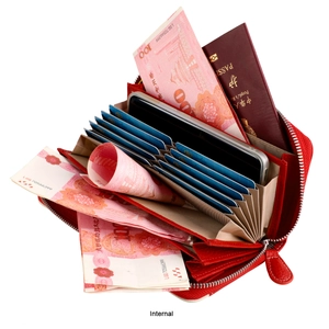 Internal view of a red leather long wallet with RFID protection and multiple card slots