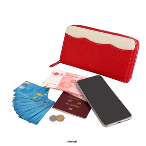Internal view of a red pebbled leather RFID wallet showing card slots and storage capacity