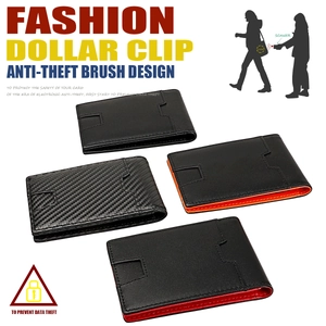 Detail view of RFID blocking slim money clip wallets with multi-color interior lining