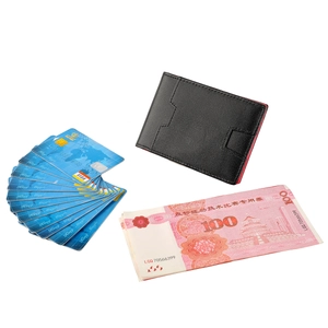 Slim RFID-blocking leather wallet with red stitching and multiple card slots detail
