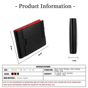 Slim RFID genuine leather wallet detail showing red interior lining and card slots