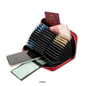 Internal view of red leather RFID passport wallet showing multi-card slots and phone storage