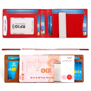 Detail of slim leather wallet with RFID blocking slots and stainless steel money clip