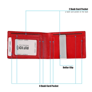 Detail view of red leather slim wallet with silver dollar clip and 10 RFID card slots