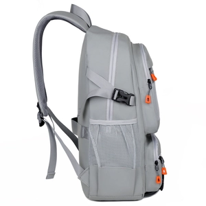 Light grey waterproof travel backpack with side mesh pocket and orange zipper pulls