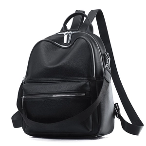 Classic black PU leather backpack for women with lychee texture and silver hardware