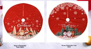 Detail of red festive Christmas tree skirts with 3D Santa, Snowman and Reindeer figurines