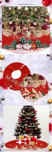 Detail of 120cm red Christmas tree skirt with Santa, snowman and reindeer patterns