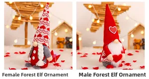Detail of male and female Valentine gnomes with plush hearts and knitted hats