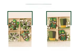 Saint Patrick's Day wooden clover ornaments set in rustic wood storage box