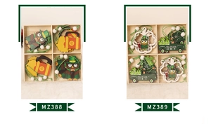 Macro shot of St. Patrick's Day wooden clover ornaments and lucky truck figurines