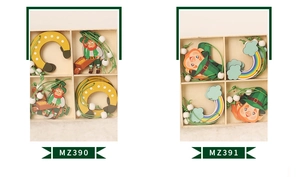 Detail of St. Patrick's Day wooden gnome ornaments with rainbow and shamrock elements