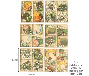 Set of 6 wooden Saint Patrick's Day charms featuring shamrocks and gnomes in boxes